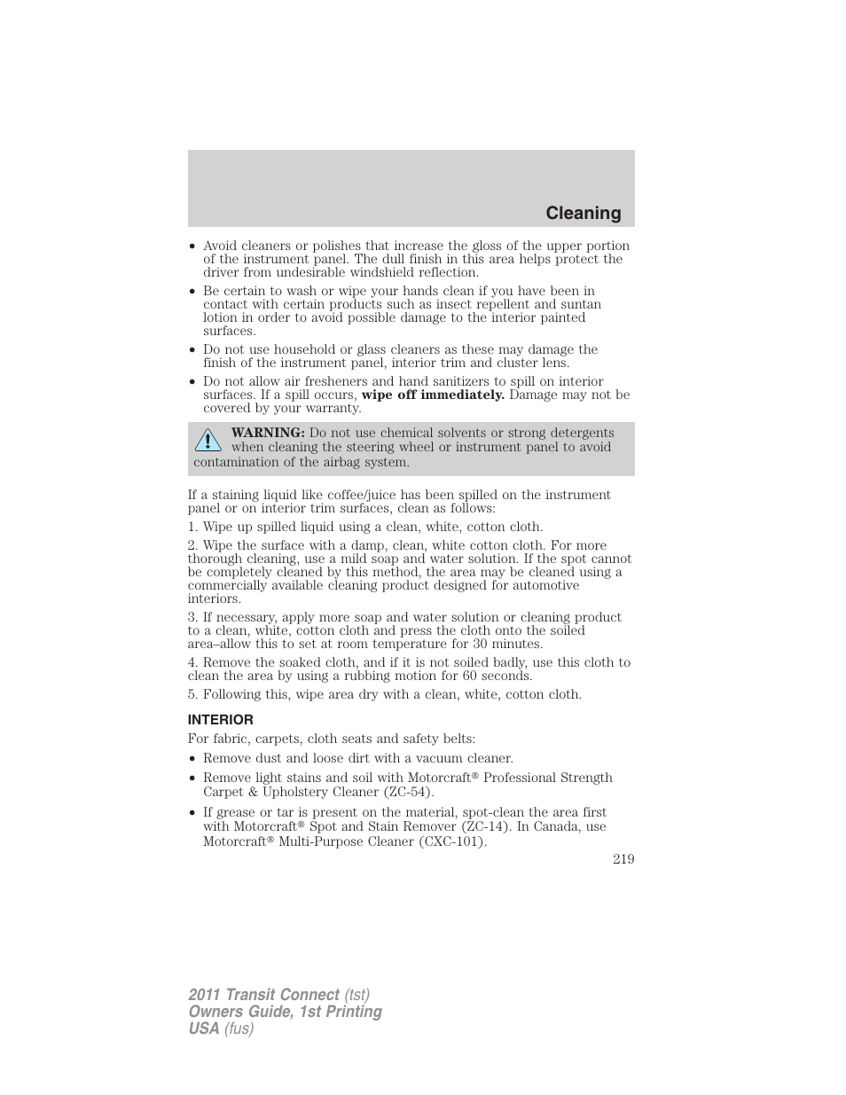 Interior, Cleaning | FORD 2011 Transit Connect v.1 User Manual | Page 219 / 294