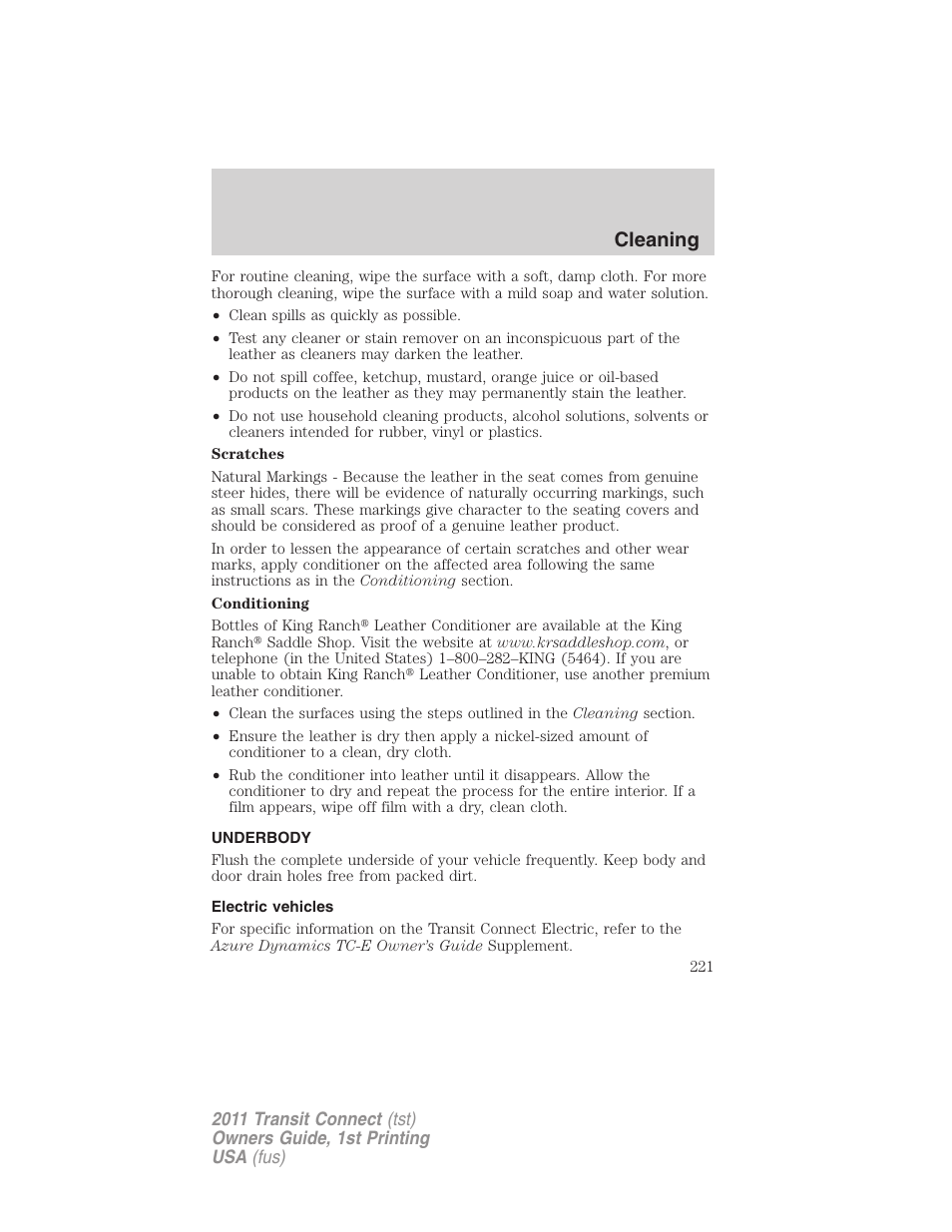 Underbody, Electric vehicles, Cleaning | FORD 2011 Transit Connect v.1 User Manual | Page 221 / 294
