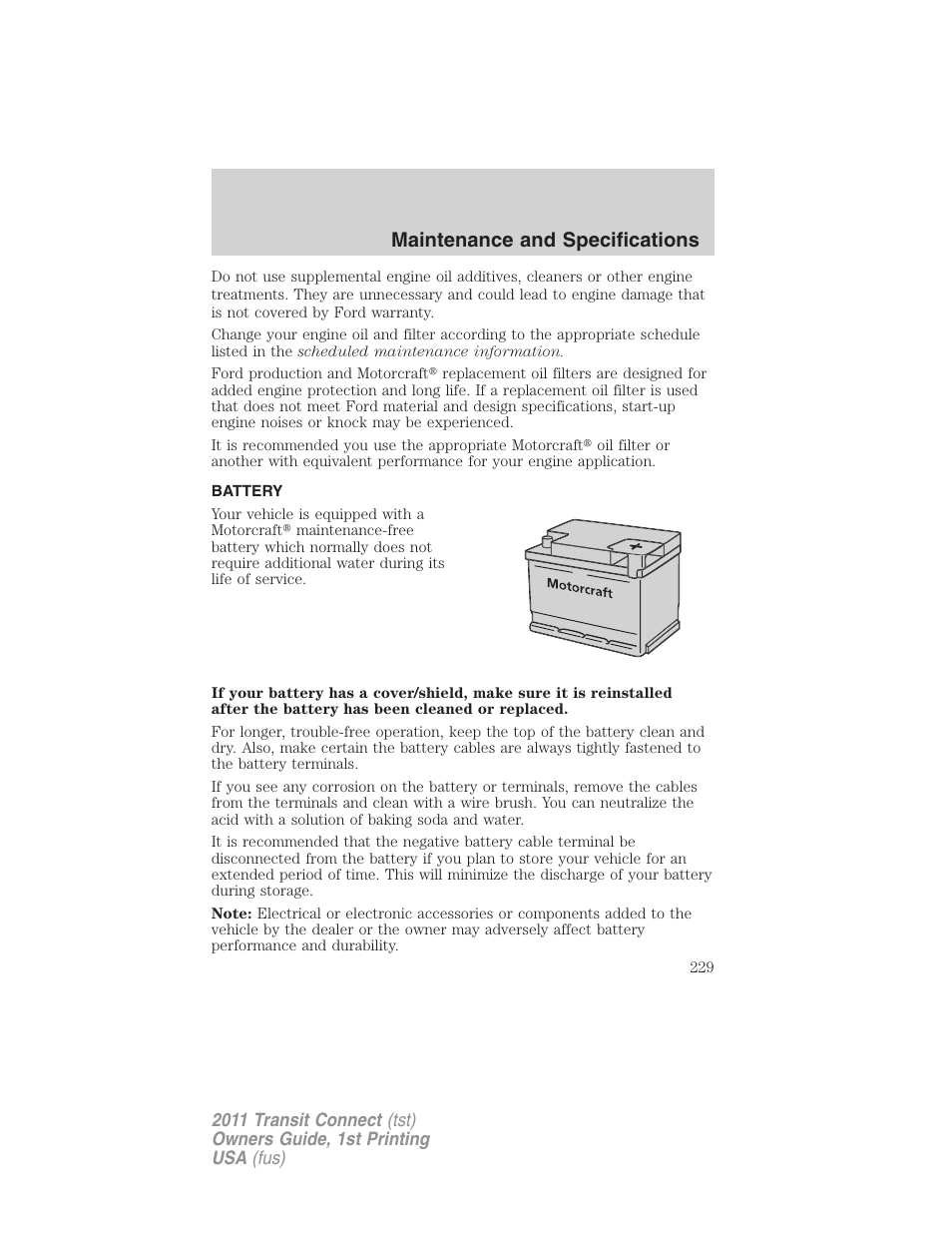 Battery, Maintenance and specifications | FORD 2011 Transit Connect v.1 User Manual | Page 229 / 294