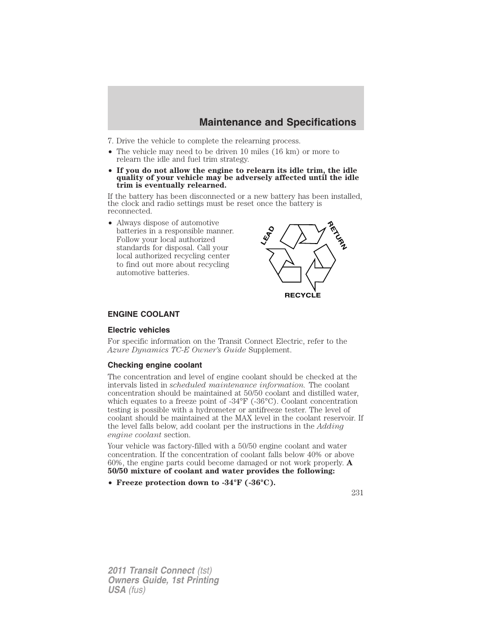 Engine coolant, Electric vehicles, Checking engine coolant | Maintenance and specifications | FORD 2011 Transit Connect v.1 User Manual | Page 231 / 294
