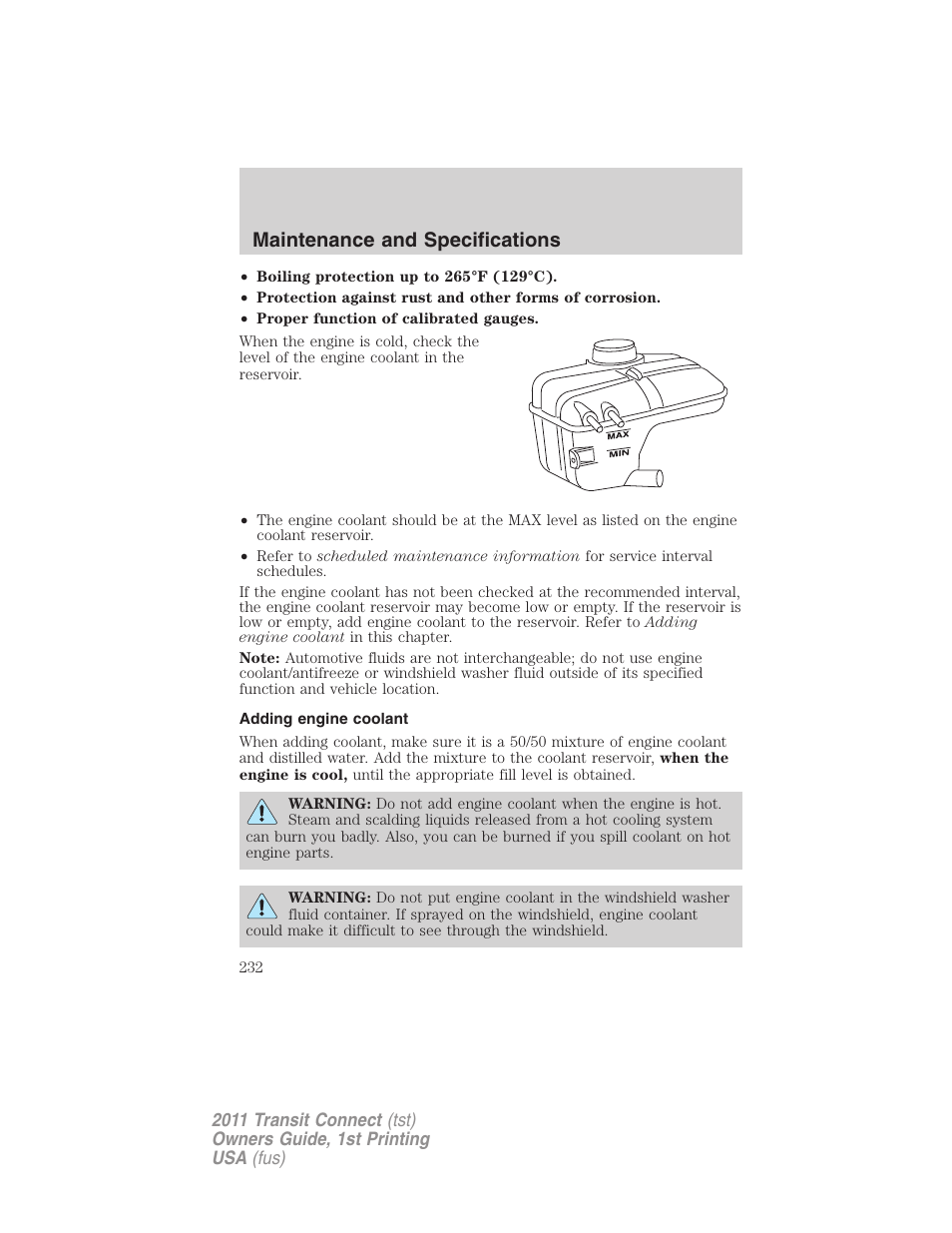 Adding engine coolant, Maintenance and specifications | FORD 2011 Transit Connect v.1 User Manual | Page 232 / 294