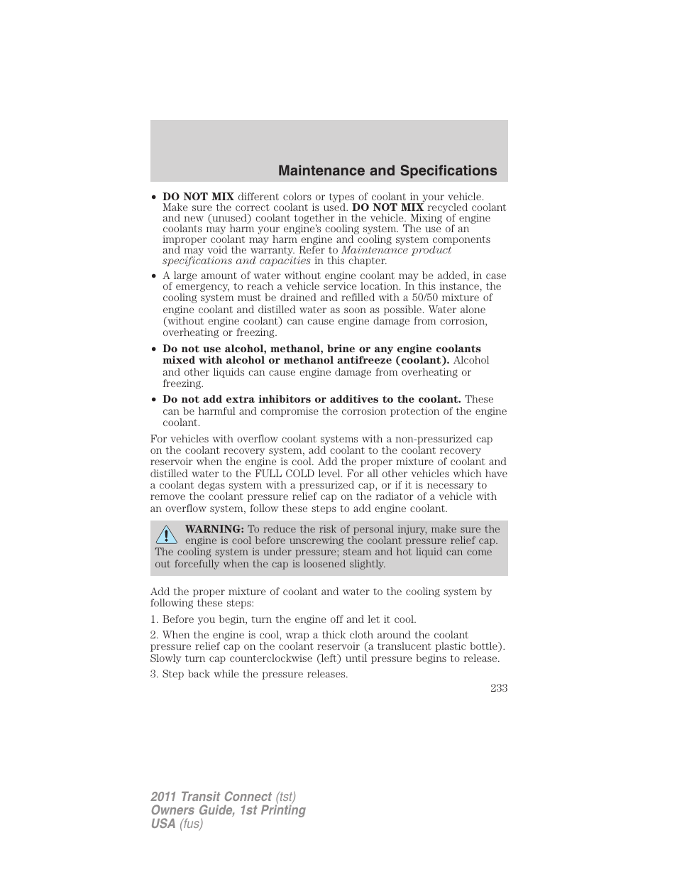 Maintenance and specifications | FORD 2011 Transit Connect v.1 User Manual | Page 233 / 294