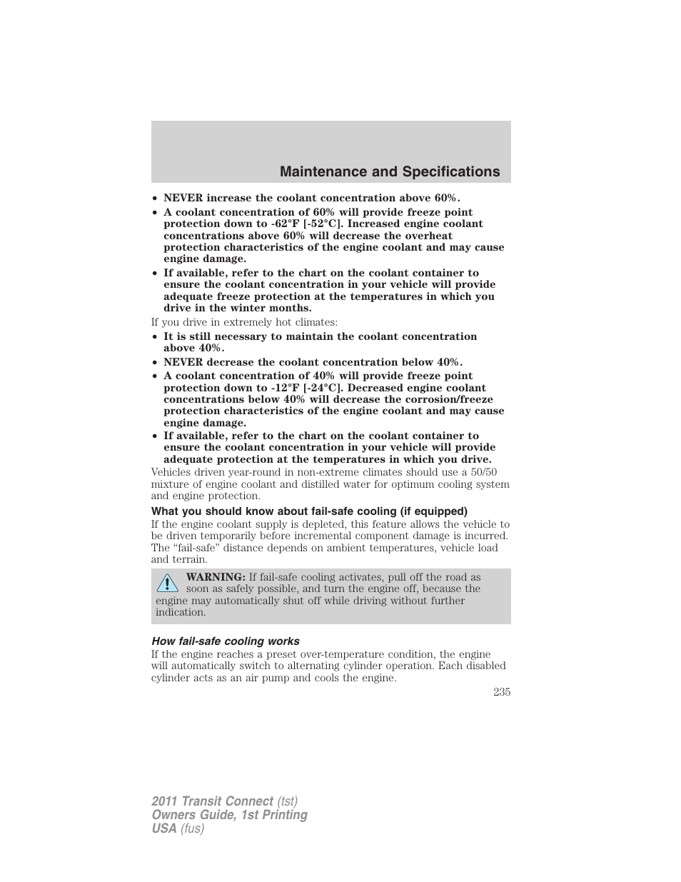How fail-safe cooling works, Maintenance and specifications | FORD 2011 Transit Connect v.1 User Manual | Page 235 / 294