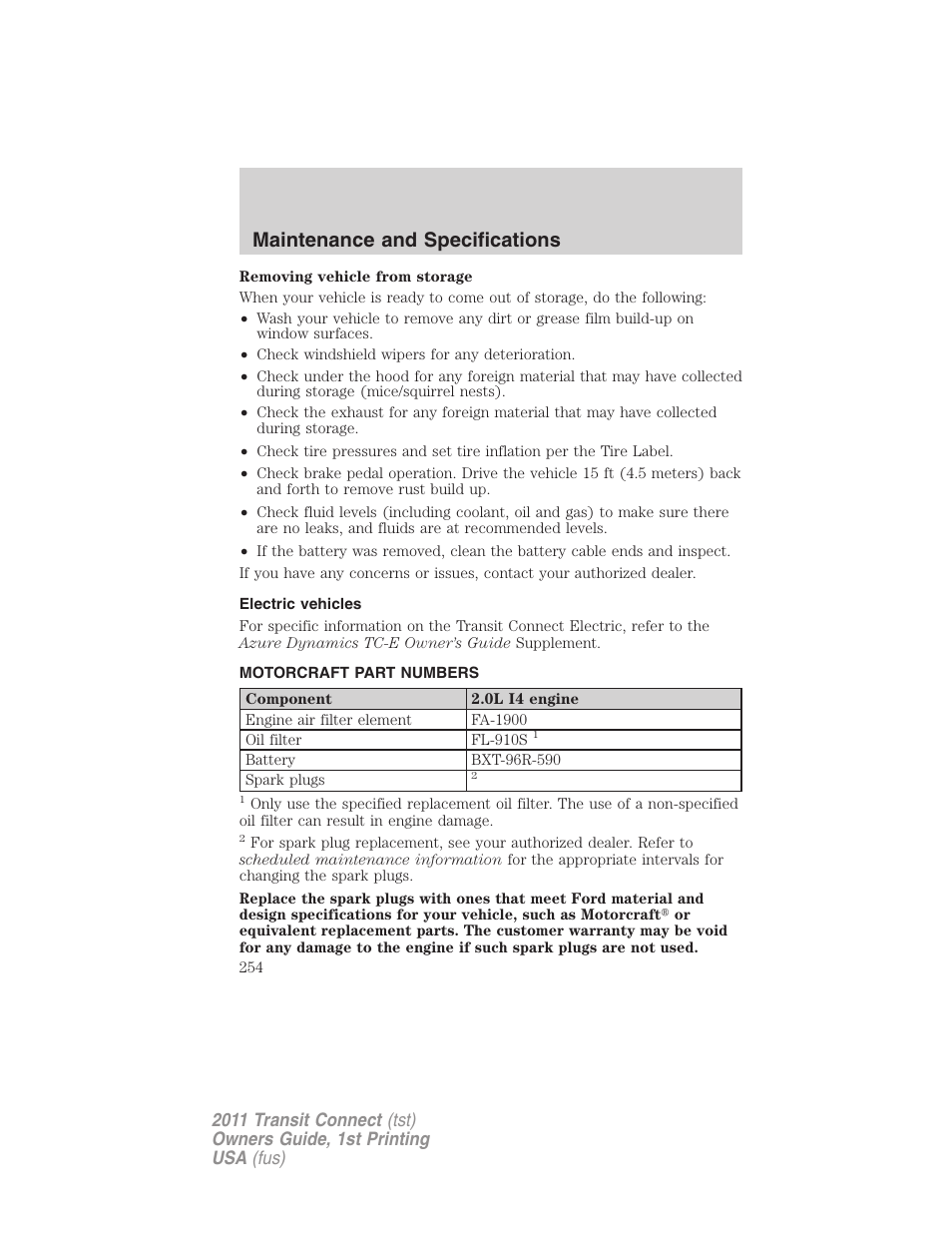 Electric vehicles, Motorcraft part numbers, Part numbers | Maintenance and specifications | FORD 2011 Transit Connect v.1 User Manual | Page 254 / 294