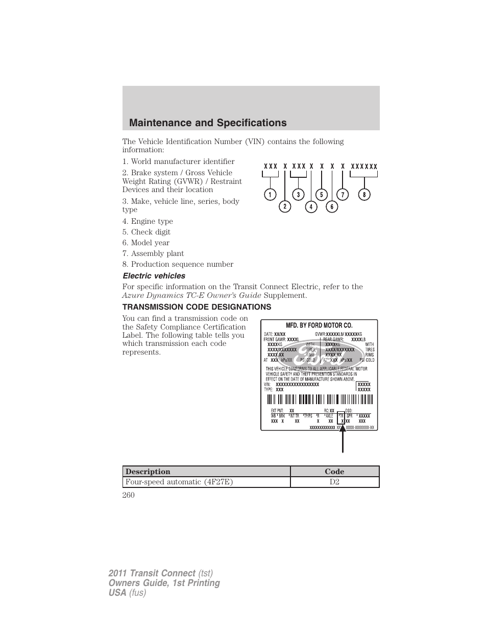 Electric vehicles, Transmission code designations, Maintenance and specifications | FORD 2011 Transit Connect v.1 User Manual | Page 260 / 294