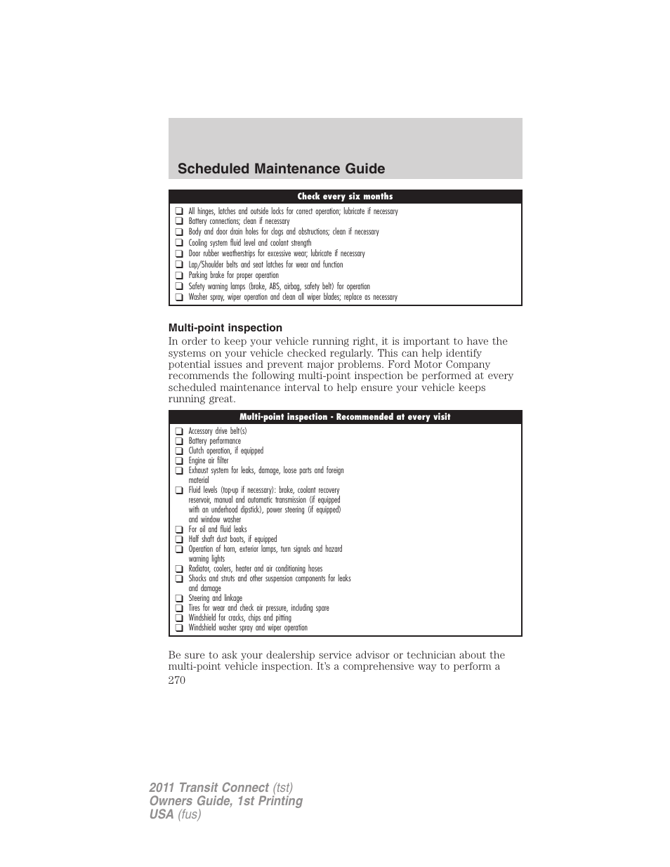 Multi-point inspection, Scheduled maintenance guide | FORD 2011 Transit Connect v.1 User Manual | Page 270 / 294