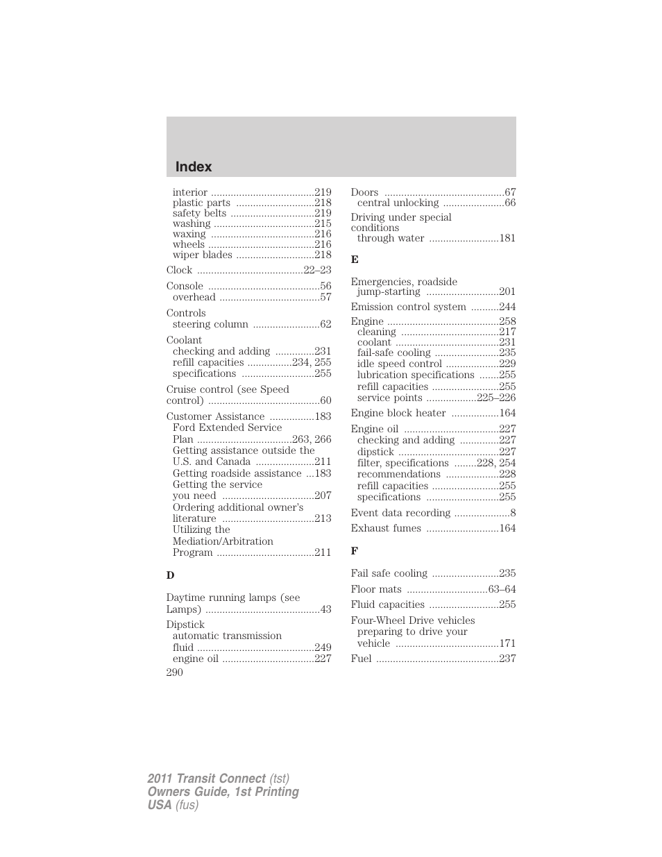 Index | FORD 2011 Transit Connect v.1 User Manual | Page 290 / 294