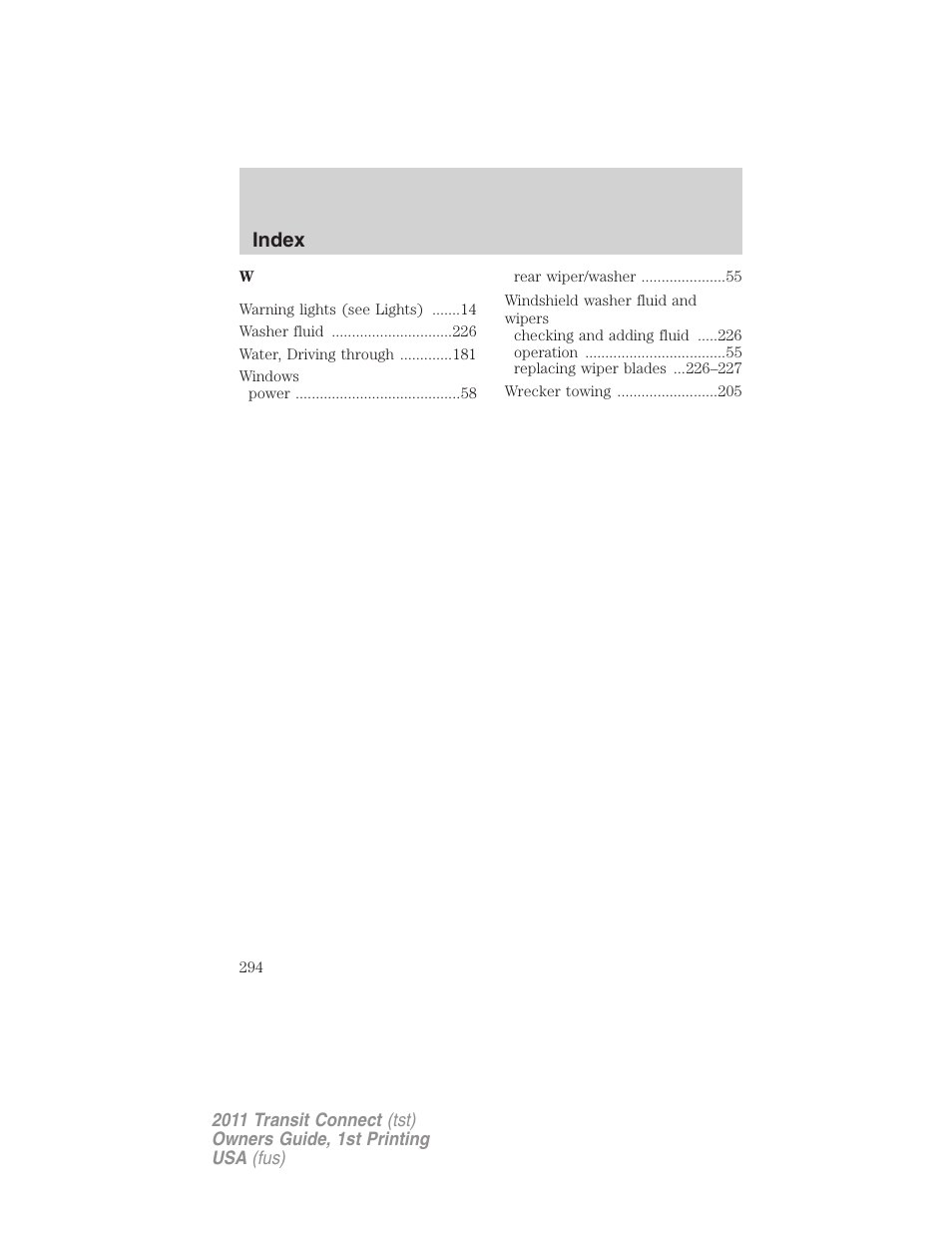 Index | FORD 2011 Transit Connect v.1 User Manual | Page 294 / 294