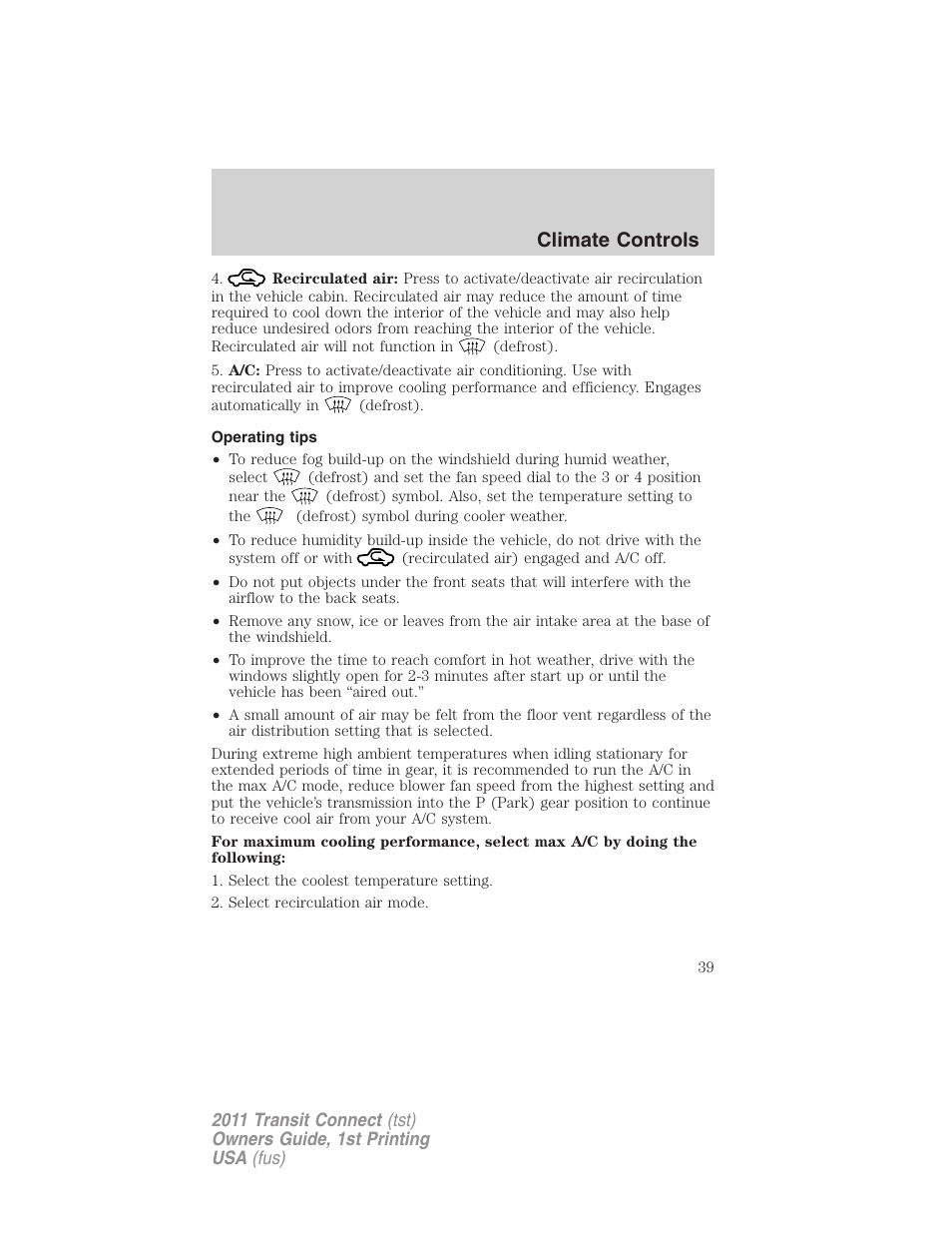 Operating tips, Climate controls | FORD 2011 Transit Connect v.1 User Manual | Page 39 / 294