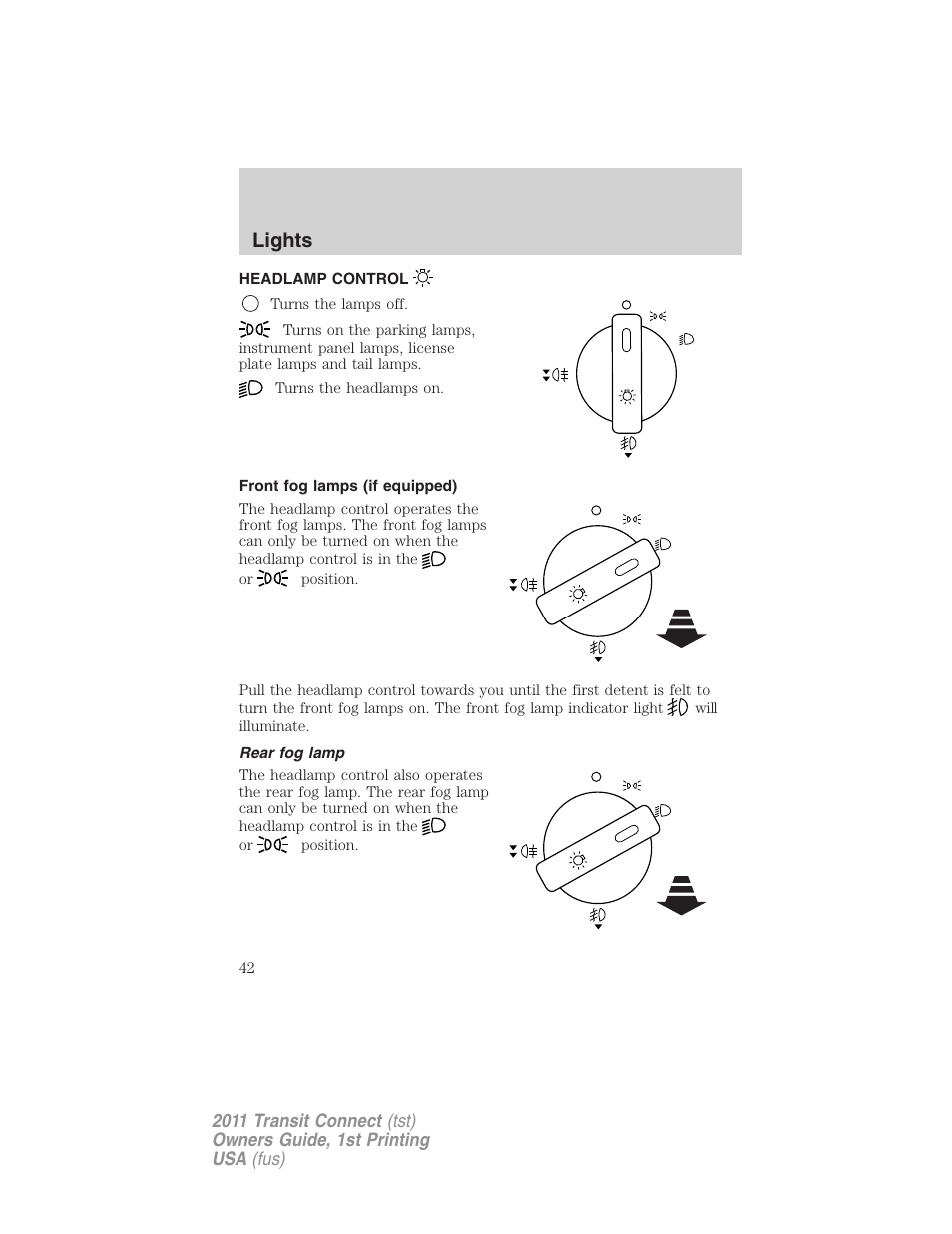 Lights, Headlamp control, Front fog lamps (if equipped) | Rear fog lamp, Headlamps | FORD 2011 Transit Connect v.1 User Manual | Page 42 / 294