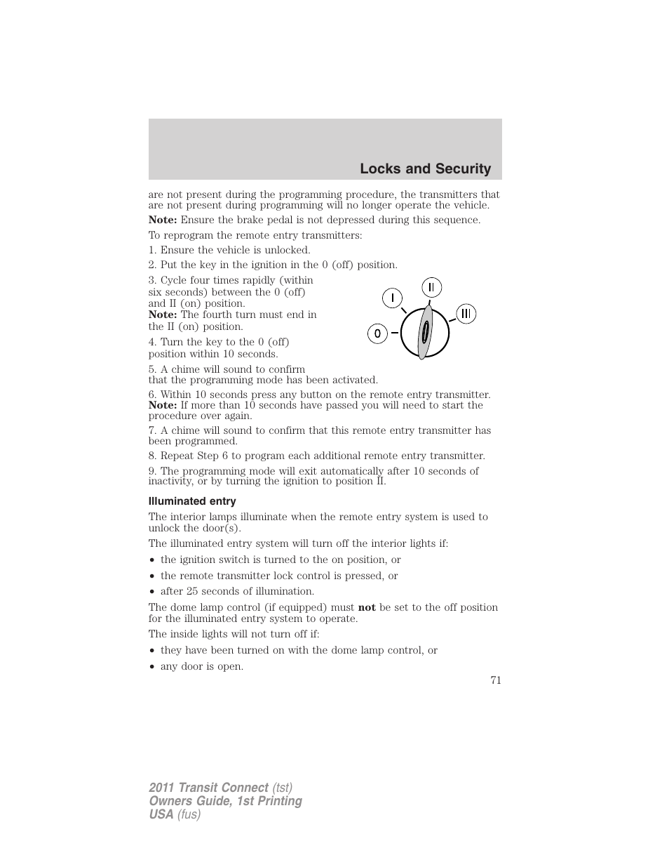 Illuminated entry, Locks and security | FORD 2011 Transit Connect v.1 User Manual | Page 71 / 294