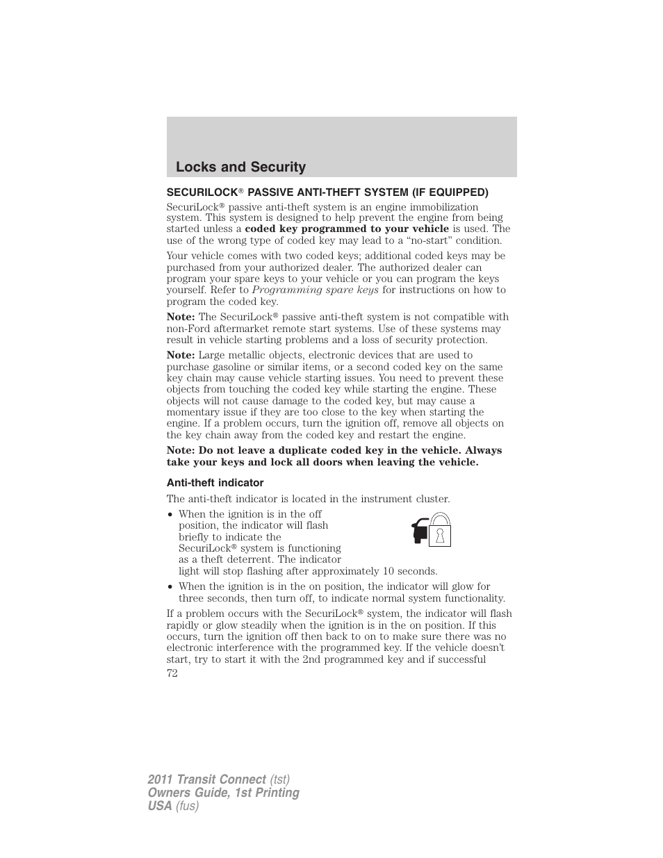 Securilock passive anti-theft system (if equipped), Anti-theft indicator, Anti-theft system | Locks and security | FORD 2011 Transit Connect v.1 User Manual | Page 72 / 294