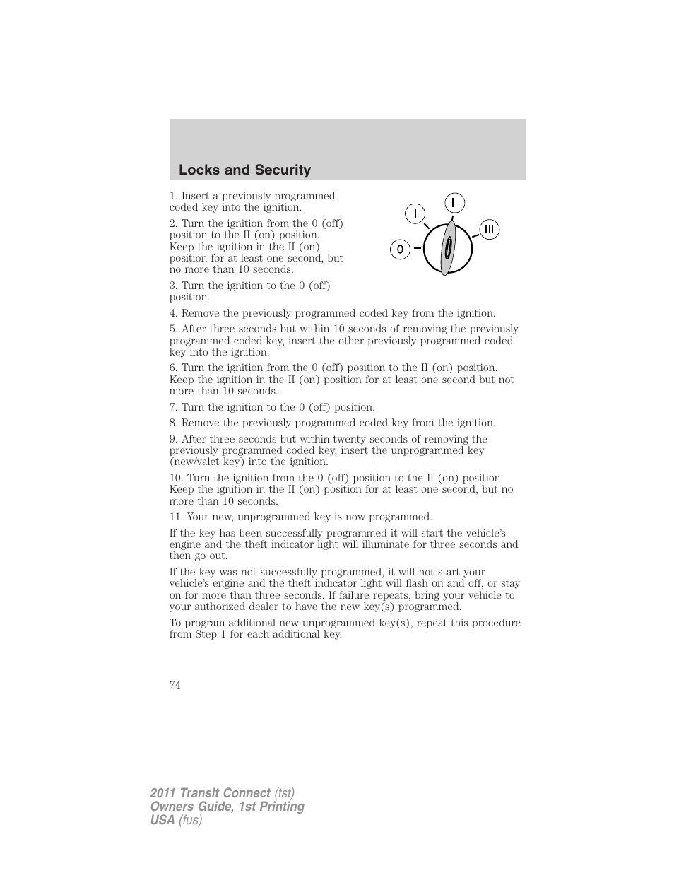 Locks and security | FORD 2011 Transit Connect v.1 User Manual | Page 74 / 294