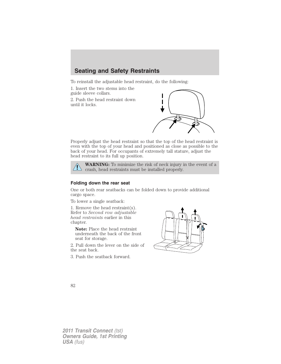 Folding down the rear seat, Seating and safety restraints | FORD 2011 Transit Connect v.1 User Manual | Page 82 / 294