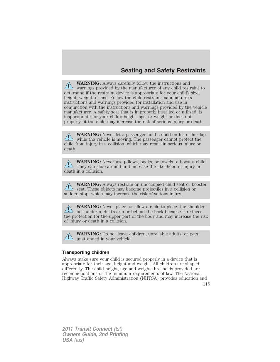 Transporting children, Seating and safety restraints | FORD 2011 Transit Connect v.2 User Manual | Page 115 / 295