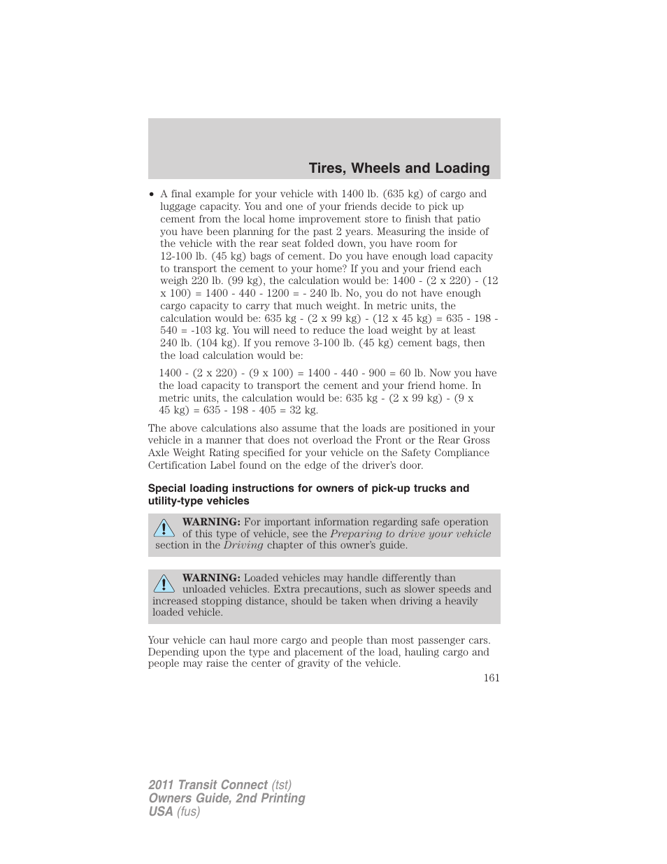 Tires, wheels and loading | FORD 2011 Transit Connect v.2 User Manual | Page 161 / 295