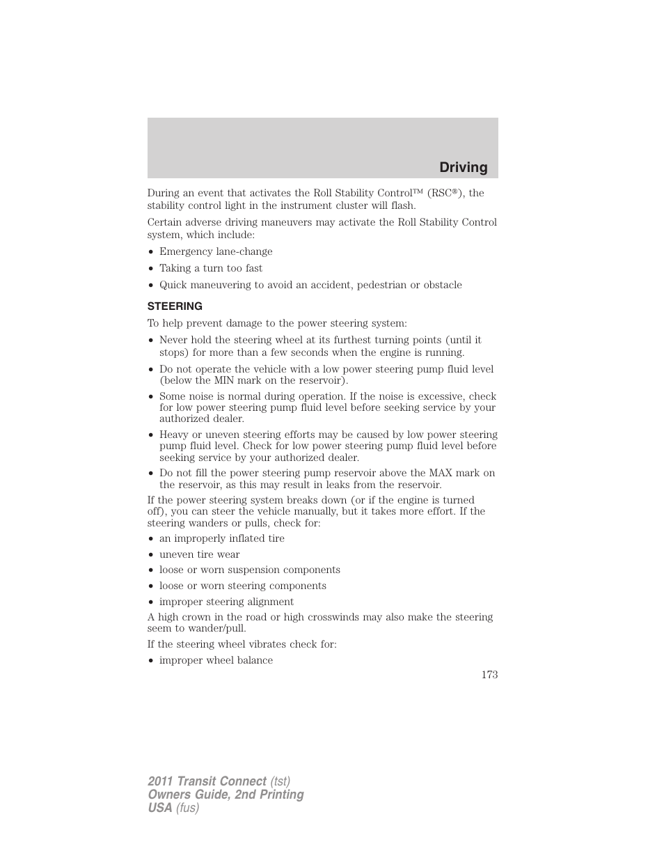 Steering, Driving | FORD 2011 Transit Connect v.2 User Manual | Page 173 / 295
