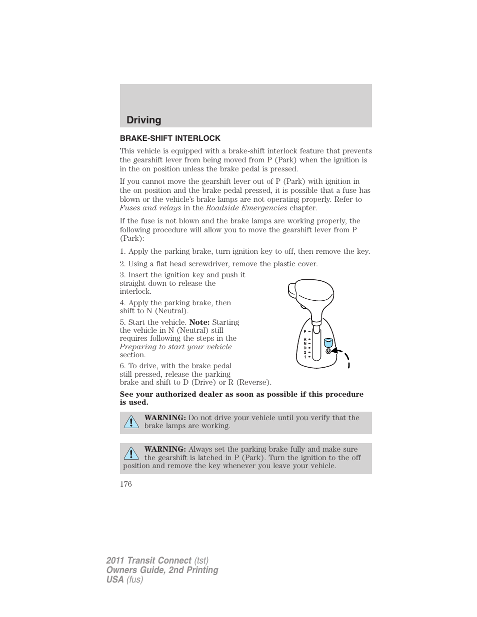 Brake-shift interlock, Driving | FORD 2011 Transit Connect v.2 User Manual | Page 176 / 295