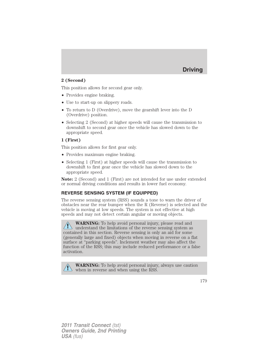 Reverse sensing system (if equipped), Reverse sensing system, Driving | FORD 2011 Transit Connect v.2 User Manual | Page 179 / 295