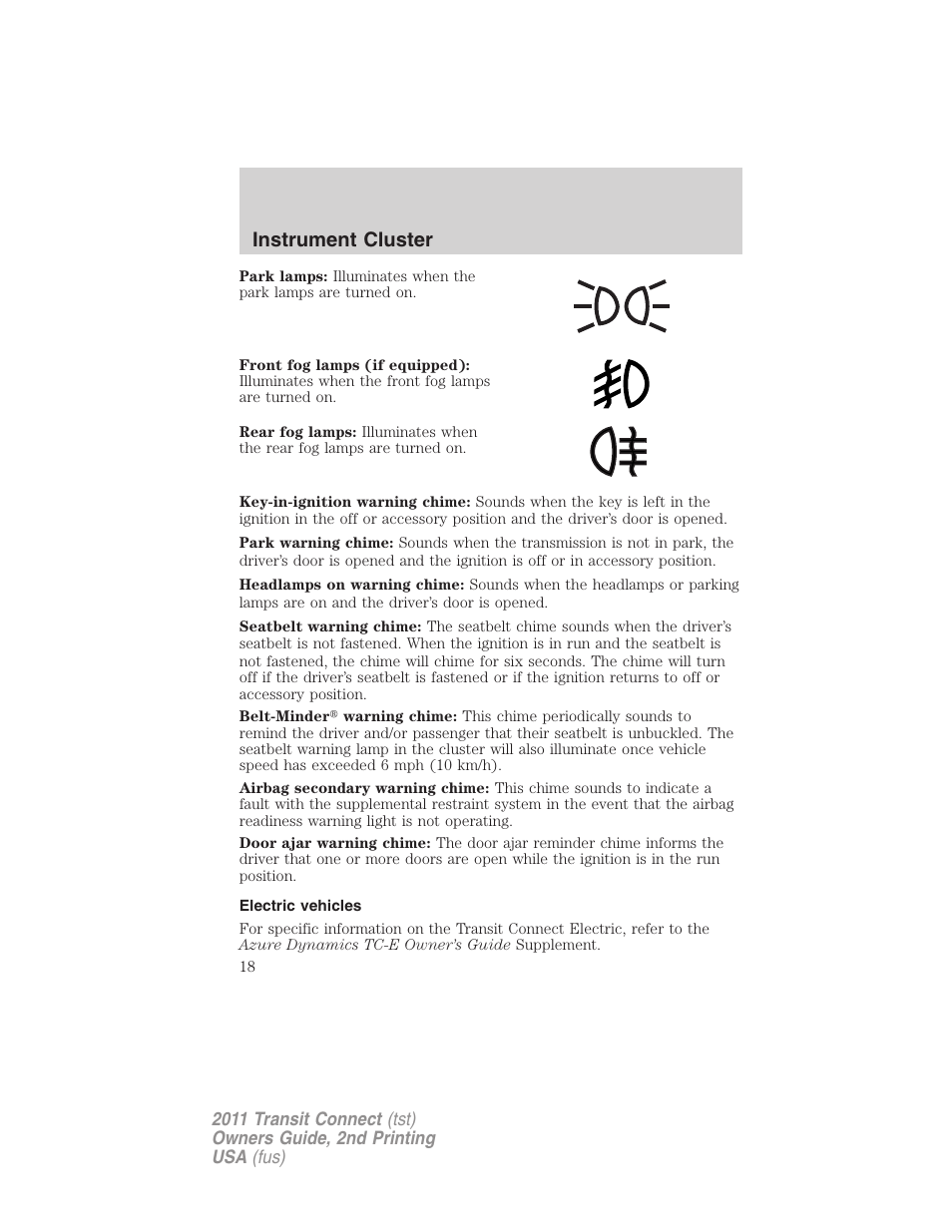 Electric vehicles, Instrument cluster | FORD 2011 Transit Connect v.2 User Manual | Page 18 / 295
