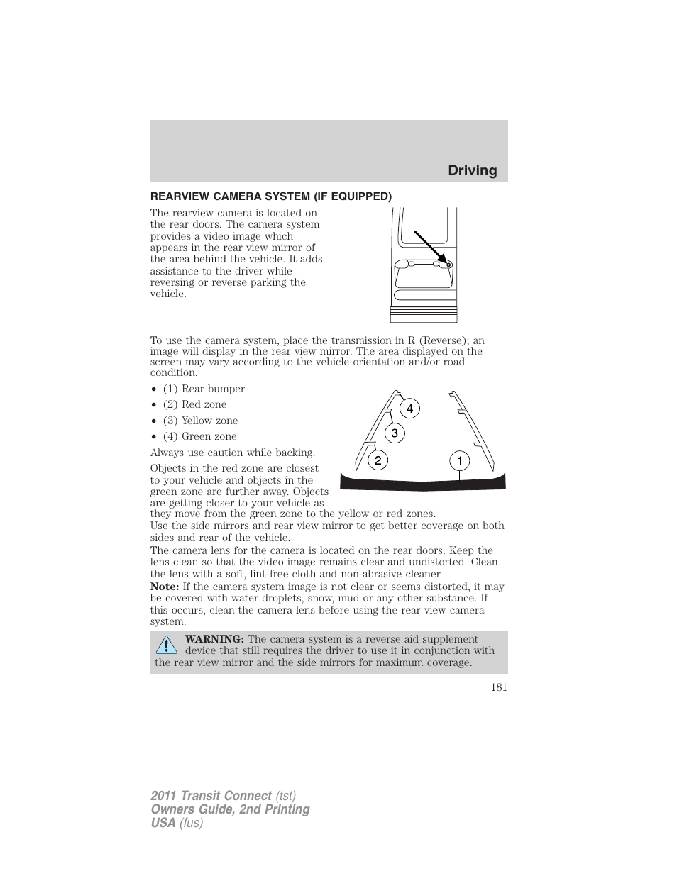 Rearview camera system (if equipped), Rear-view camera system, Driving | FORD 2011 Transit Connect v.2 User Manual | Page 181 / 295