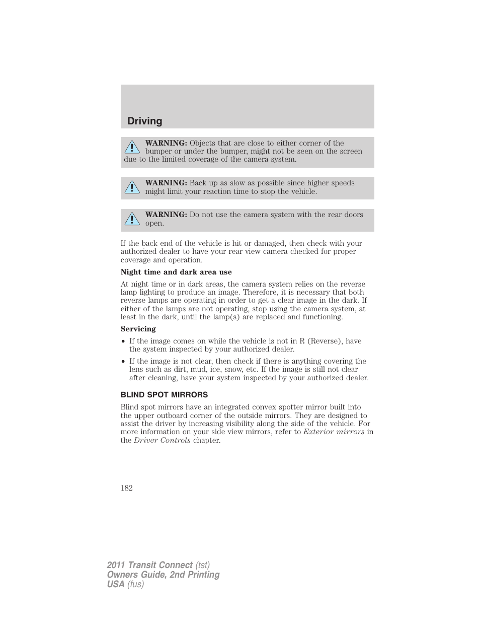 Blind spot mirrors, Driving | FORD 2011 Transit Connect v.2 User Manual | Page 182 / 295