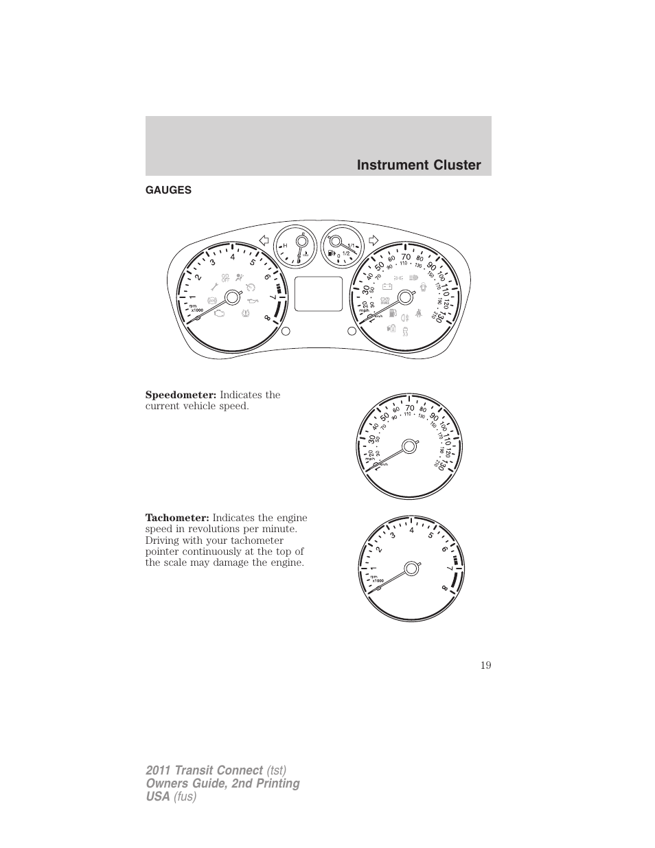 Gauges, Instrument cluster | FORD 2011 Transit Connect v.2 User Manual | Page 19 / 295