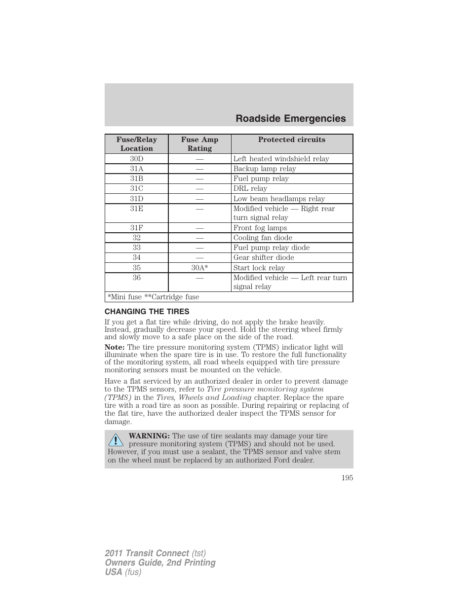 Changing the tires, Changing tires, Roadside emergencies | FORD 2011 Transit Connect v.2 User Manual | Page 195 / 295