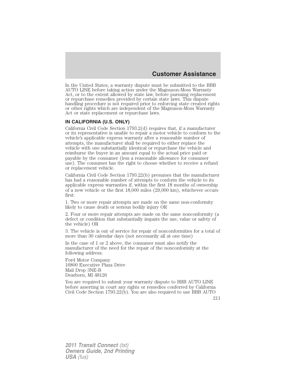 In california (u.s. only), Customer assistance | FORD 2011 Transit Connect v.2 User Manual | Page 211 / 295