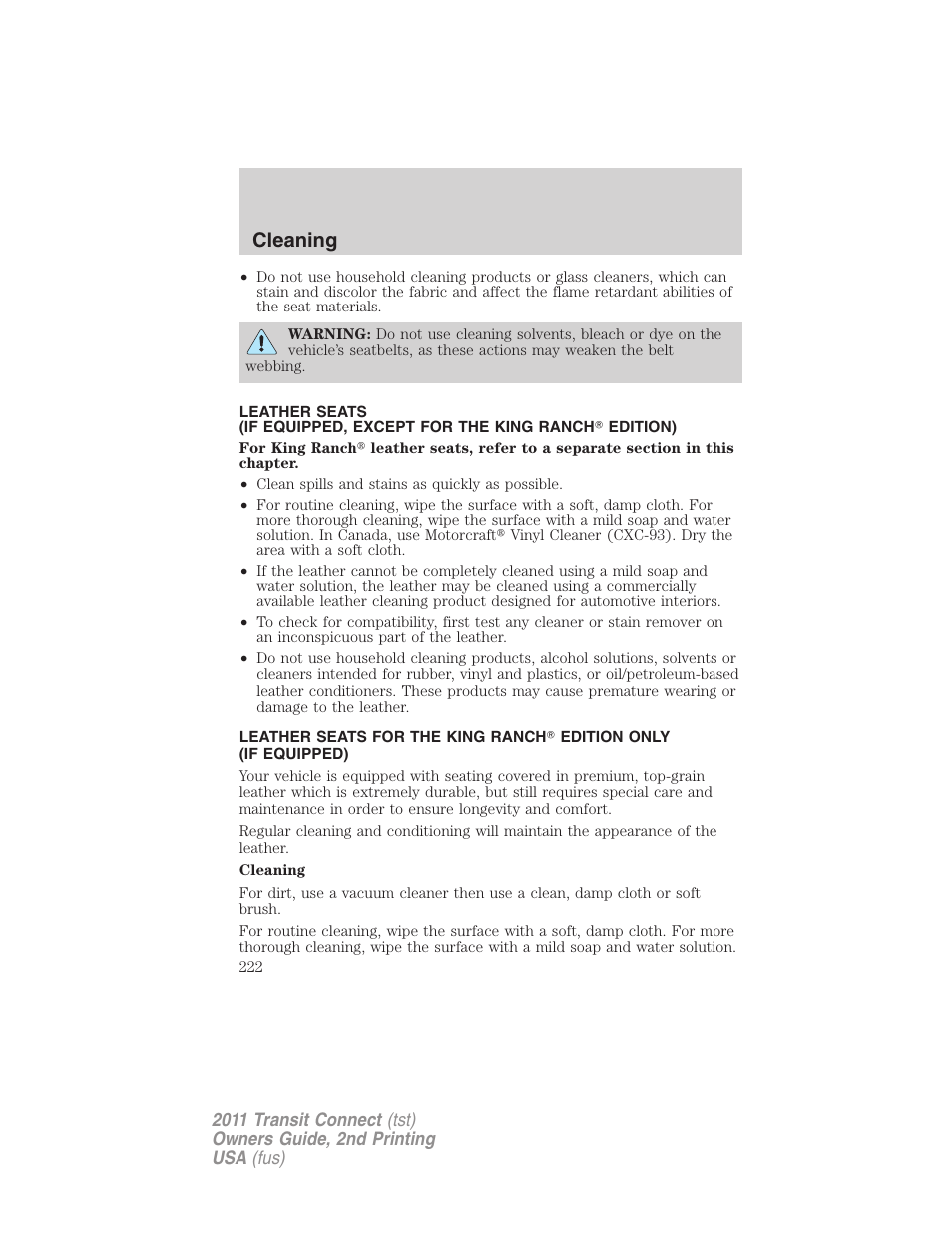 Cleaning | FORD 2011 Transit Connect v.2 User Manual | Page 222 / 295