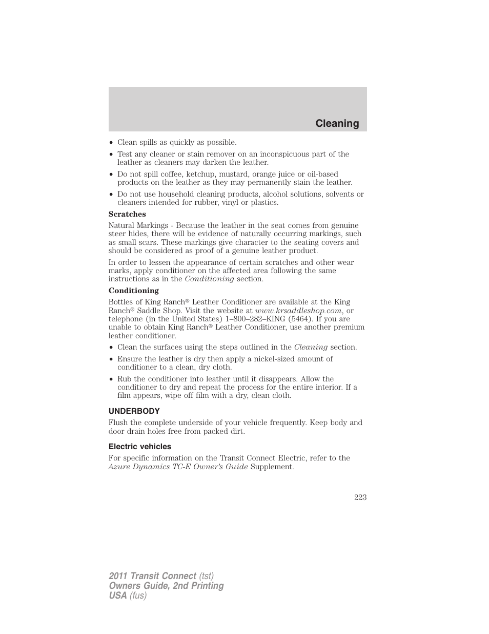 Underbody, Electric vehicles, Cleaning | FORD 2011 Transit Connect v.2 User Manual | Page 223 / 295