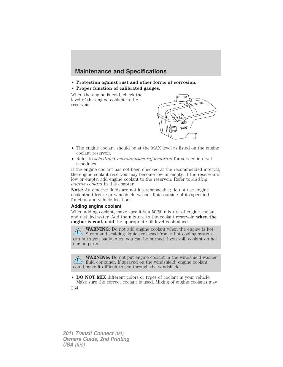 Adding engine coolant, Maintenance and specifications | FORD 2011 Transit Connect v.2 User Manual | Page 234 / 295