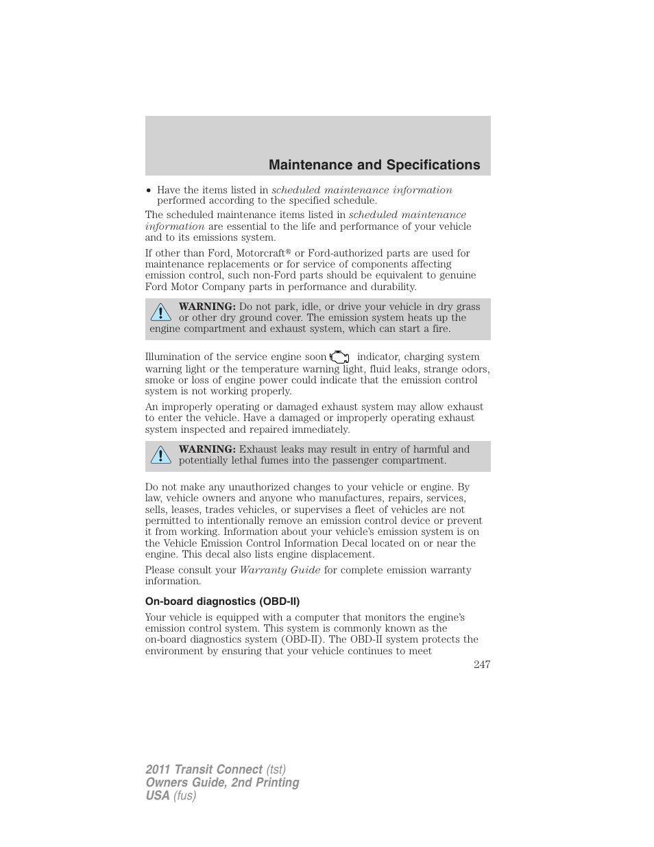 On-board diagnostics (obd-ii), Maintenance and specifications | FORD 2011 Transit Connect v.2 User Manual | Page 247 / 295