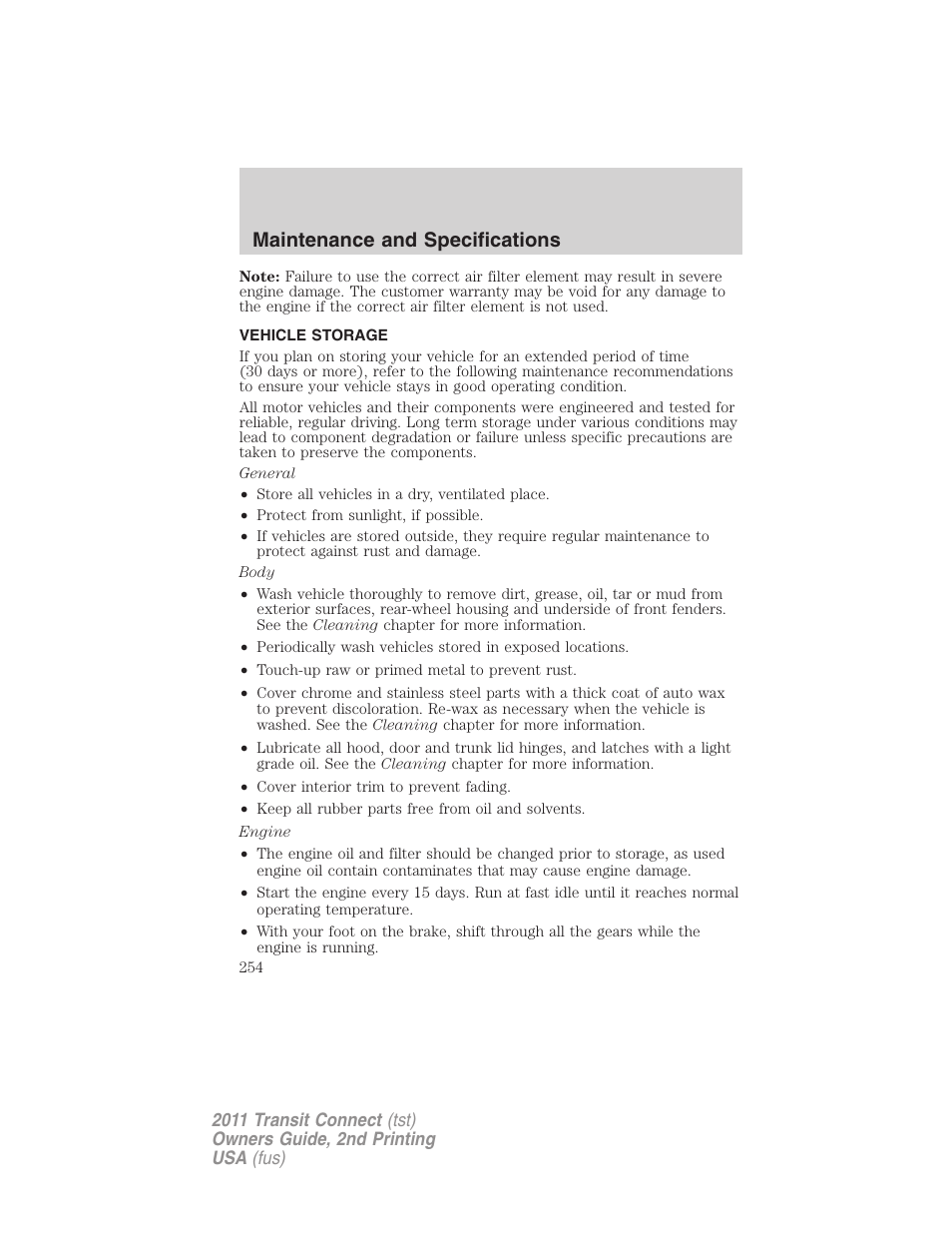 Vehicle storage, Maintenance and specifications | FORD 2011 Transit Connect v.2 User Manual | Page 254 / 295