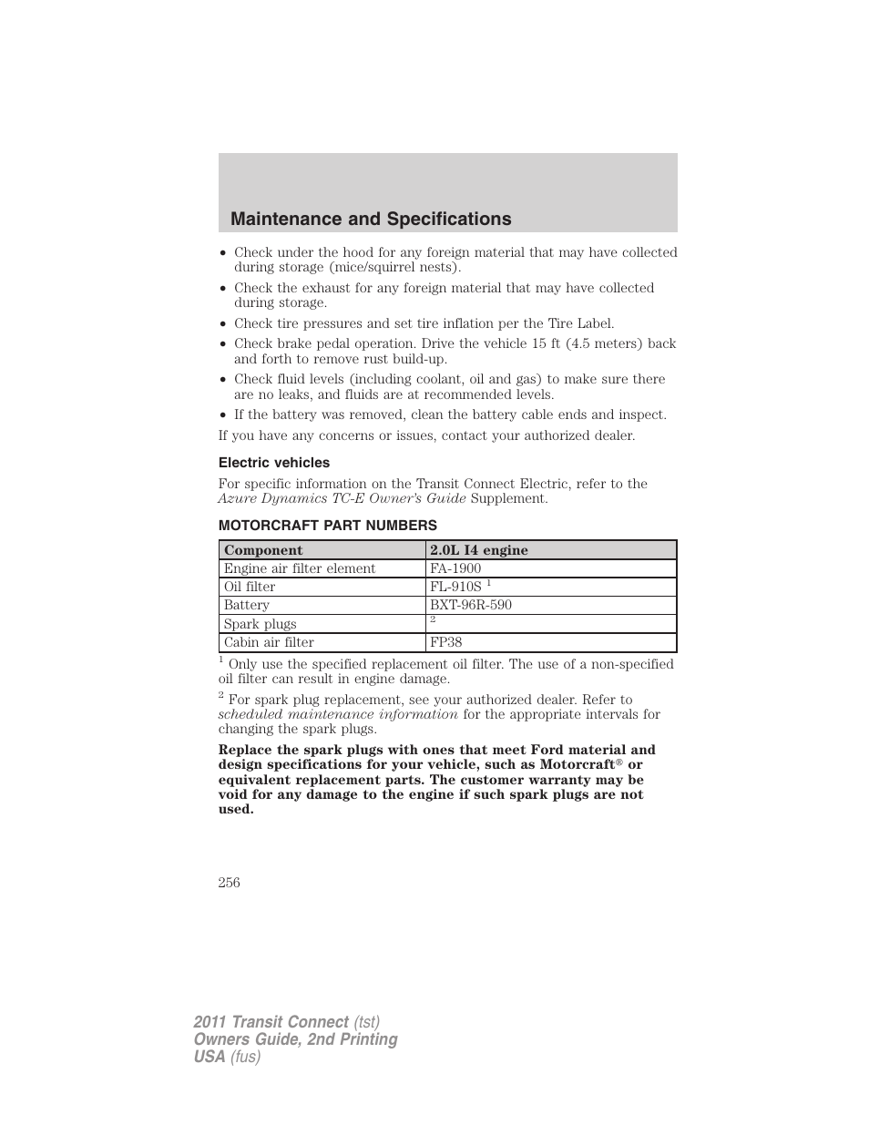 Electric vehicles, Motorcraft part numbers, Part numbers | Maintenance and specifications | FORD 2011 Transit Connect v.2 User Manual | Page 256 / 295