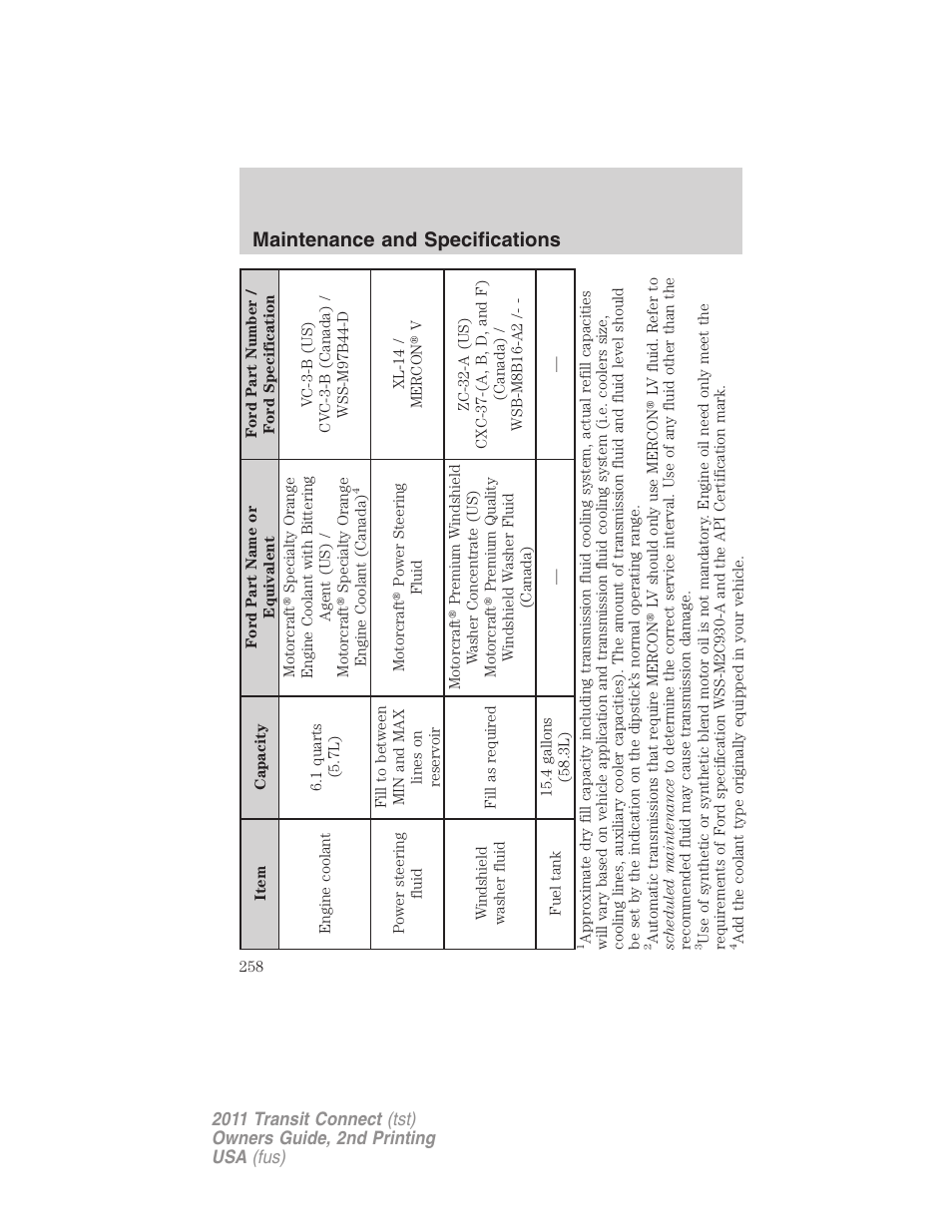 Maintenance and specifications | FORD 2011 Transit Connect v.2 User Manual | Page 258 / 295