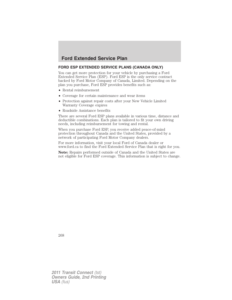 Ford esp extended service plans (canada only), Ford extended service plan | FORD 2011 Transit Connect v.2 User Manual | Page 268 / 295