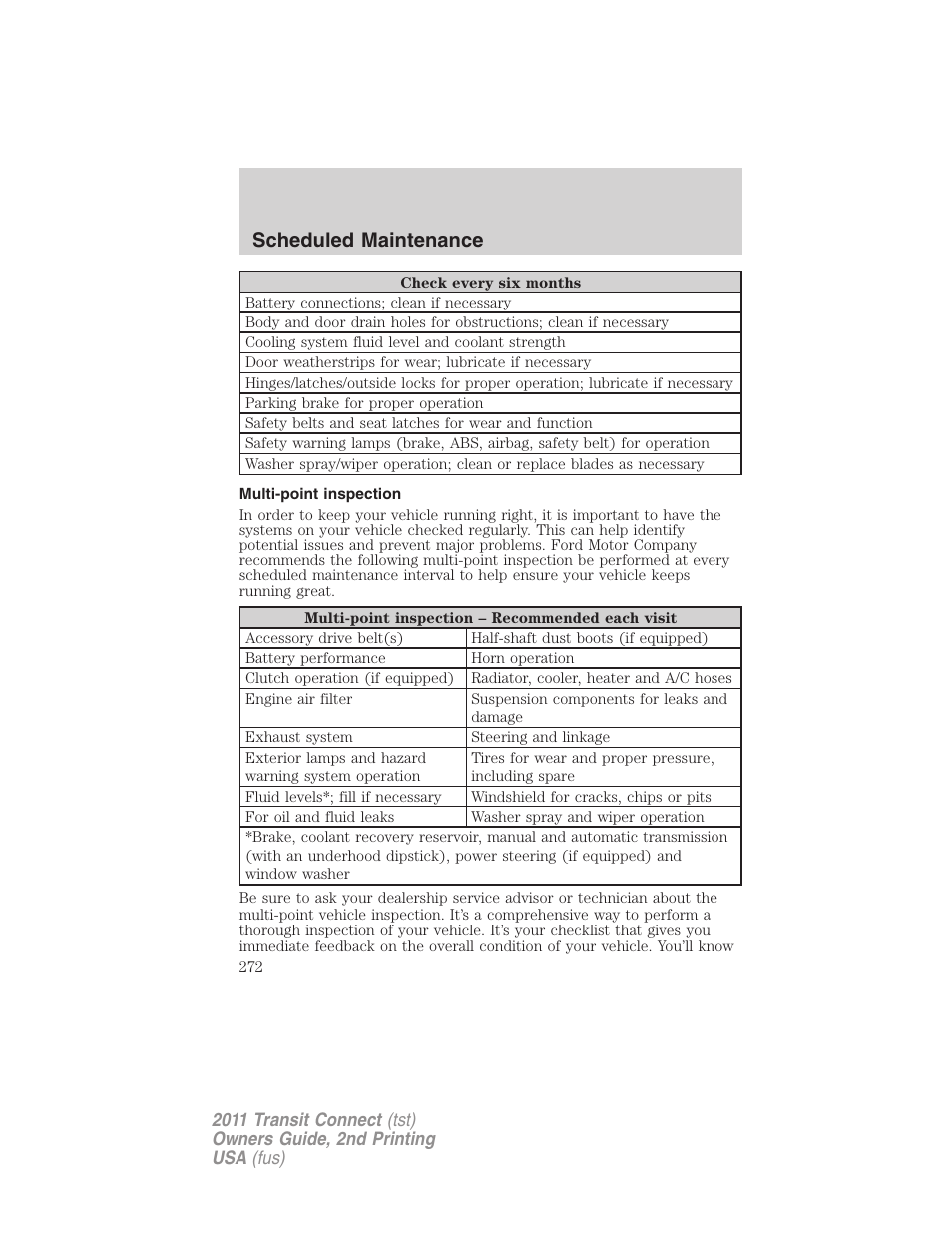 Multi-point inspection, Scheduled maintenance | FORD 2011 Transit Connect v.2 User Manual | Page 272 / 295