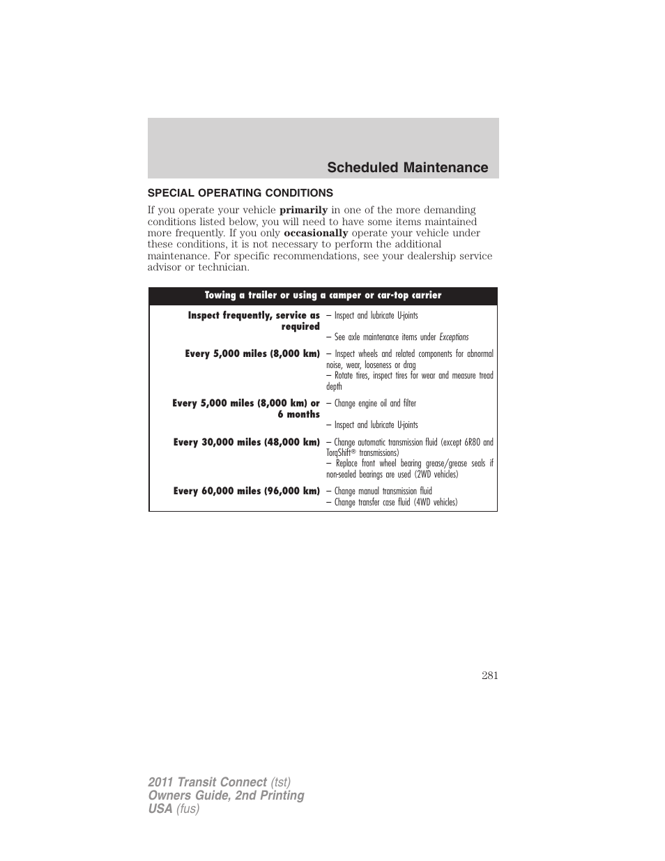 Special operating conditions, Scheduled maintenance | FORD 2011 Transit Connect v.2 User Manual | Page 281 / 295