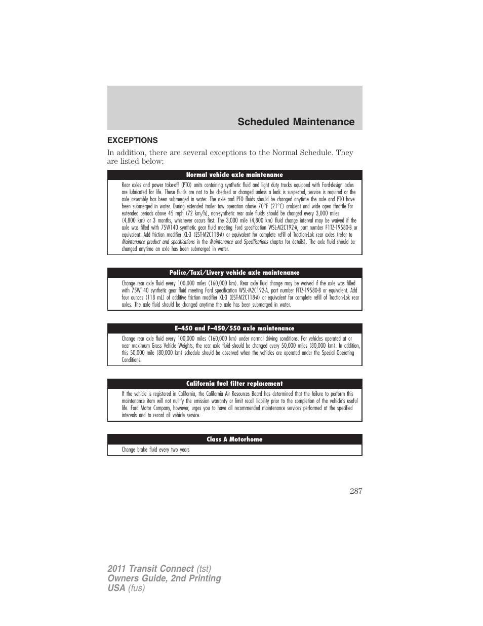 Exceptions, Scheduled maintenance | FORD 2011 Transit Connect v.2 User Manual | Page 287 / 295