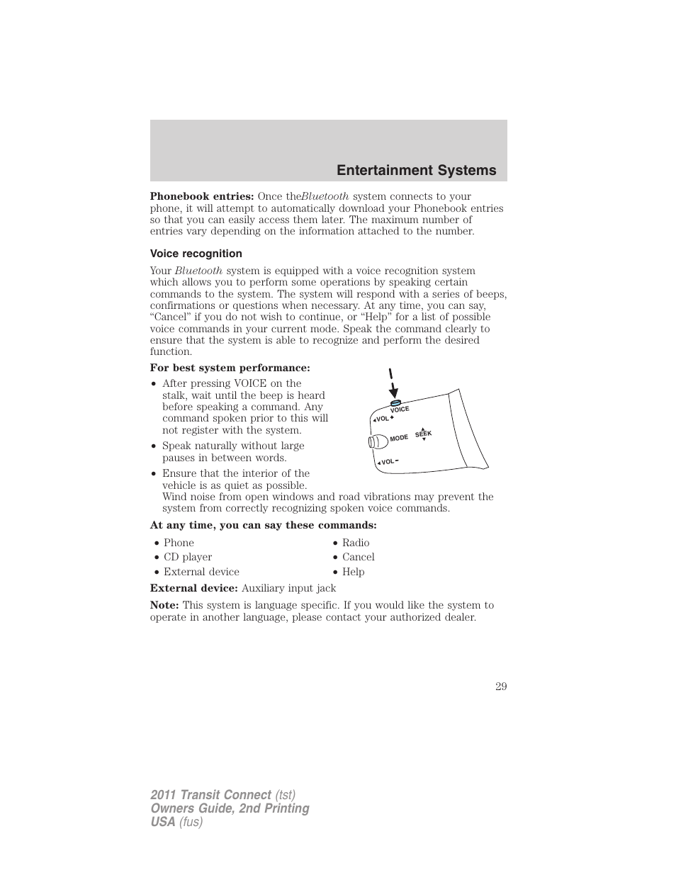 Voice recognition, Entertainment systems | FORD 2011 Transit Connect v.2 User Manual | Page 29 / 295