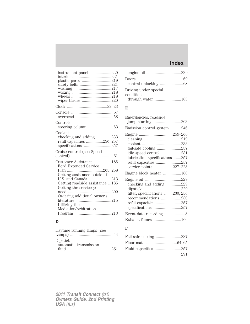 Index | FORD 2011 Transit Connect v.2 User Manual | Page 291 / 295