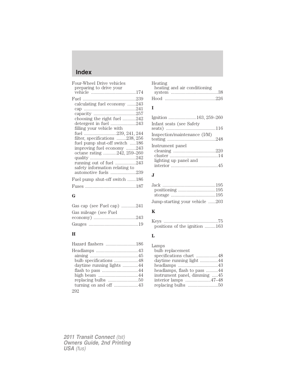 Index | FORD 2011 Transit Connect v.2 User Manual | Page 292 / 295