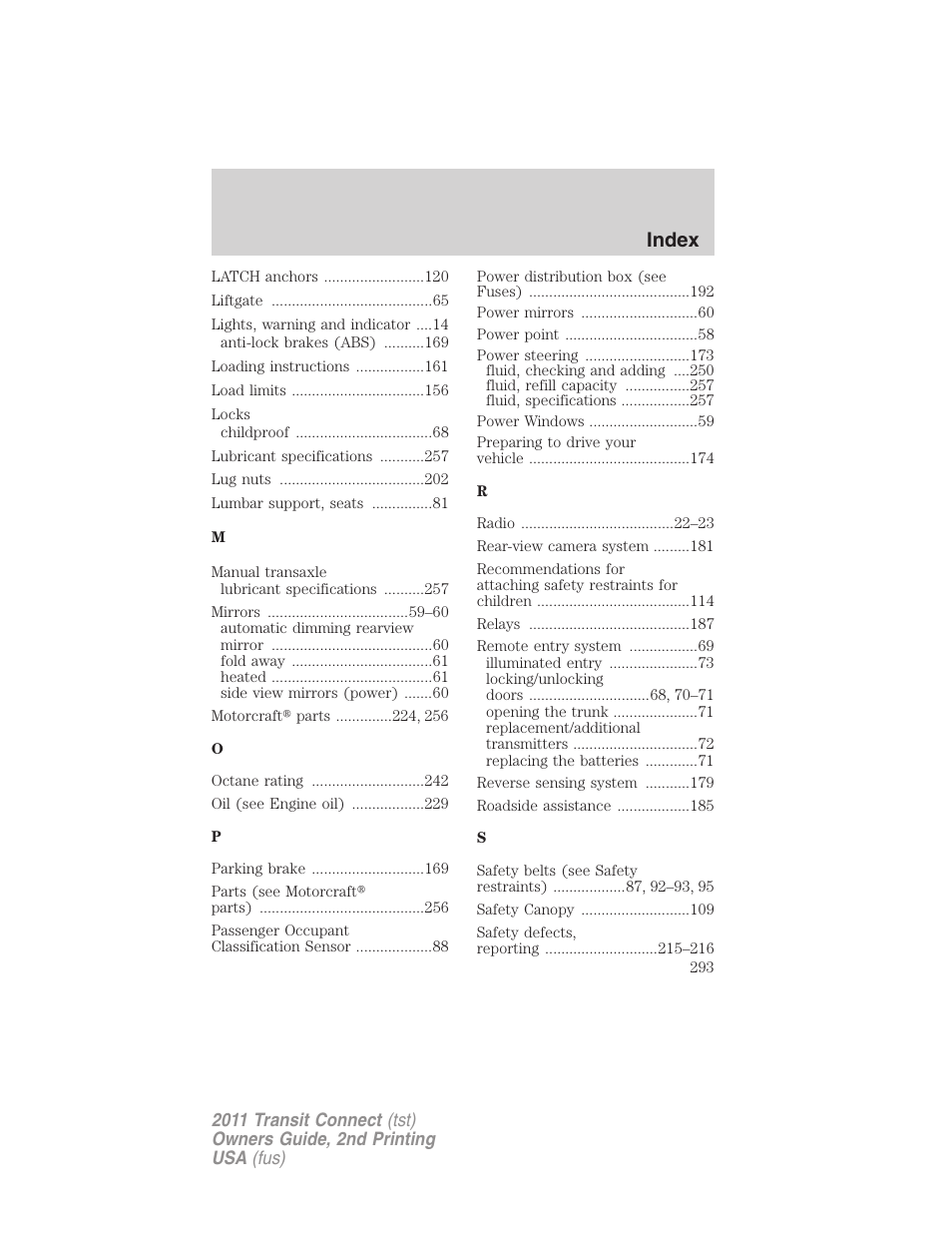 Index | FORD 2011 Transit Connect v.2 User Manual | Page 293 / 295