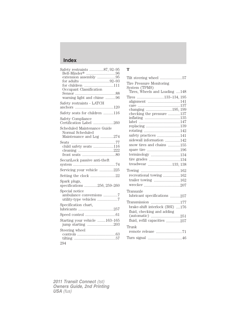Index | FORD 2011 Transit Connect v.2 User Manual | Page 294 / 295