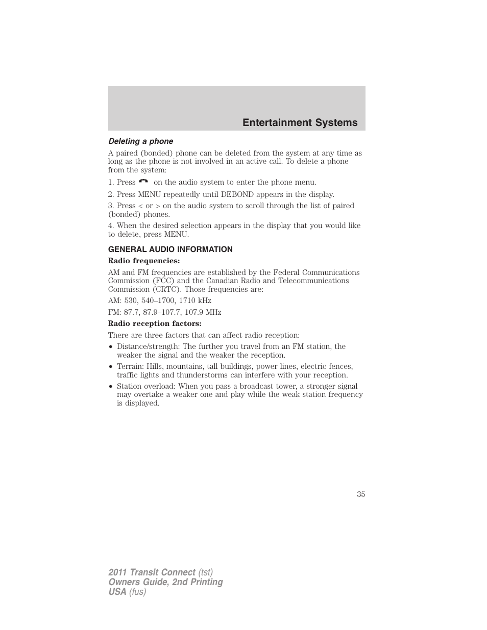 Deleting a phone, General audio information, Entertainment systems | FORD 2011 Transit Connect v.2 User Manual | Page 35 / 295
