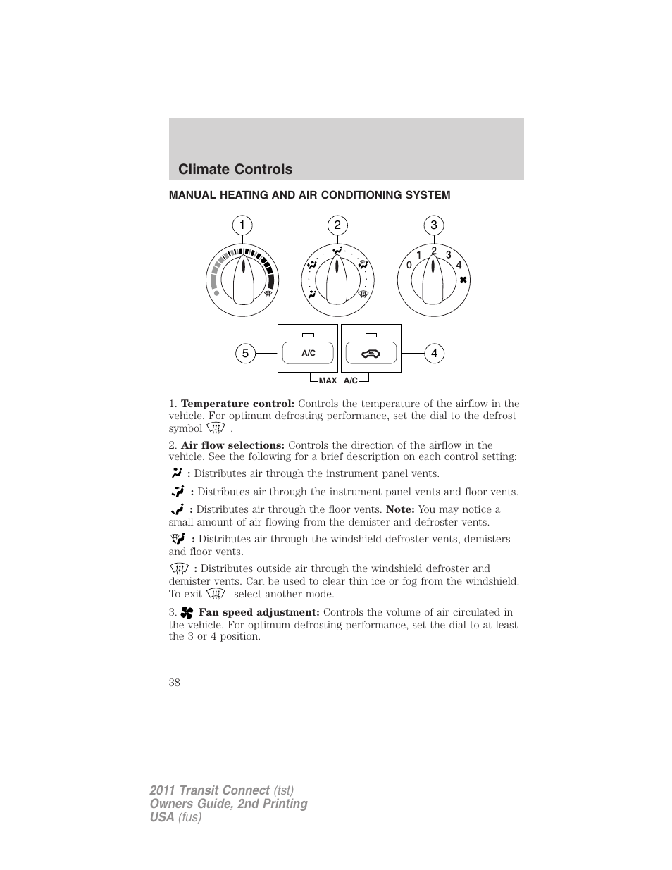 Climate controls, Manual heating and air conditioning system, Manual heating and air conditioning | FORD 2011 Transit Connect v.2 User Manual | Page 38 / 295