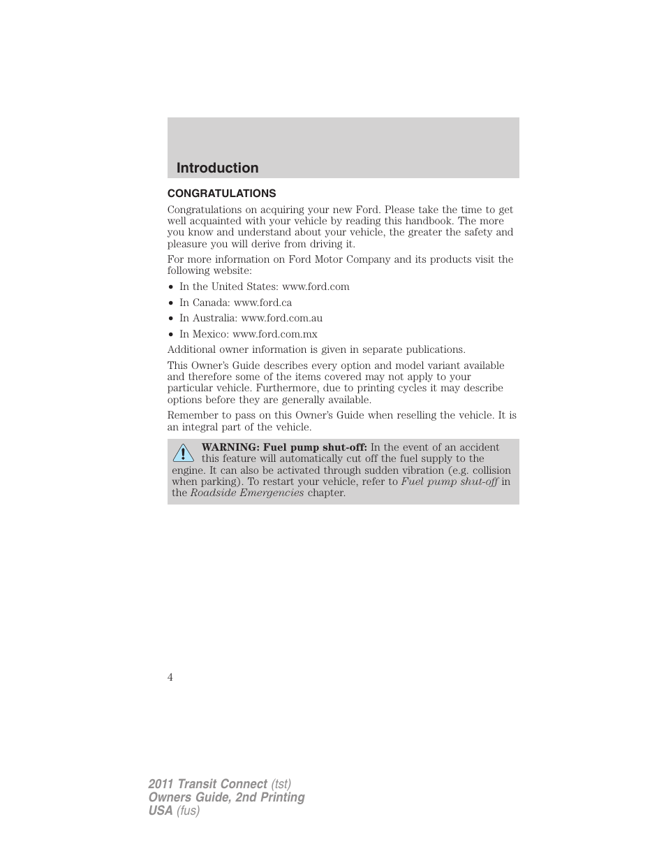Introduction, Congratulations | FORD 2011 Transit Connect v.2 User Manual | Page 4 / 295