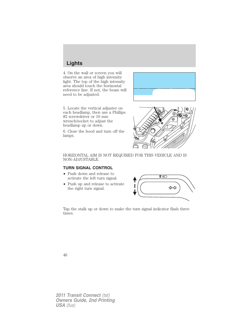 Turn signal control, Lights | FORD 2011 Transit Connect v.2 User Manual | Page 46 / 295