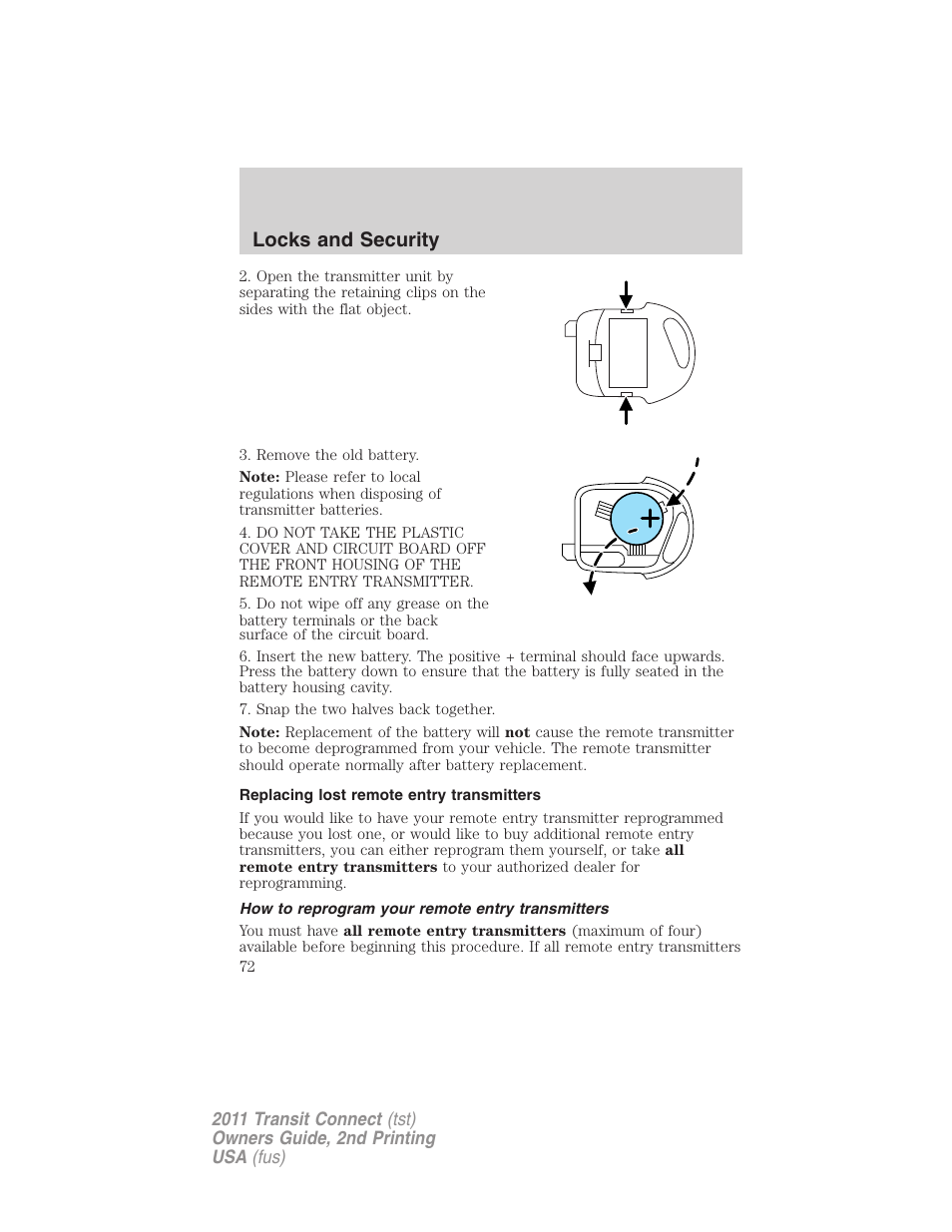 Replacing lost remote entry transmitters, How to reprogram your remote entry transmitters, Locks and security | FORD 2011 Transit Connect v.2 User Manual | Page 72 / 295
